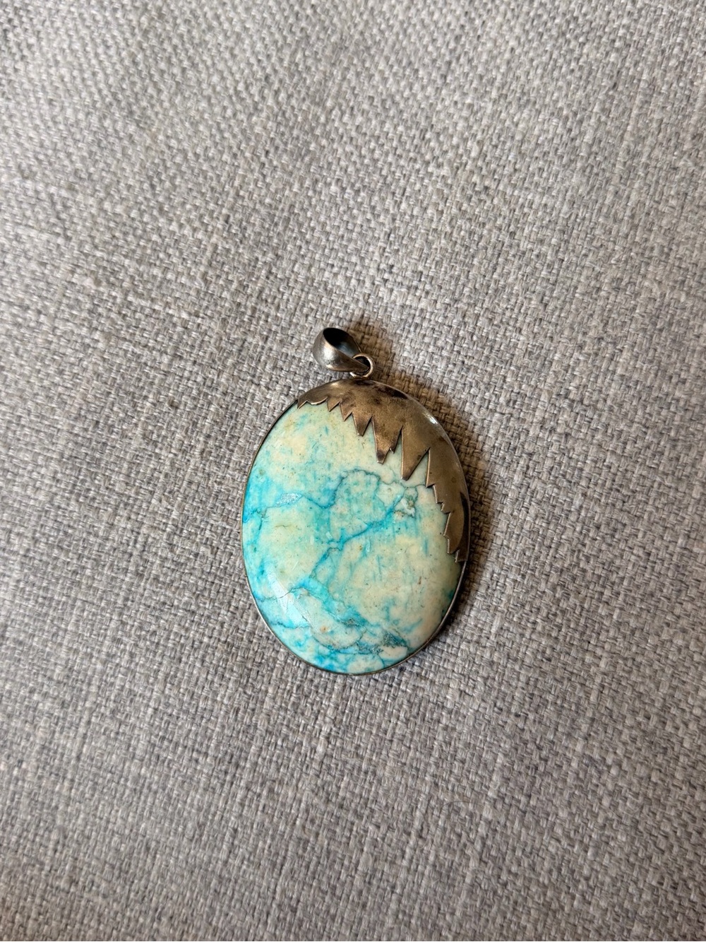 Blue-Green Oval Stone Pendant Necklace - Silver-Tone Setting